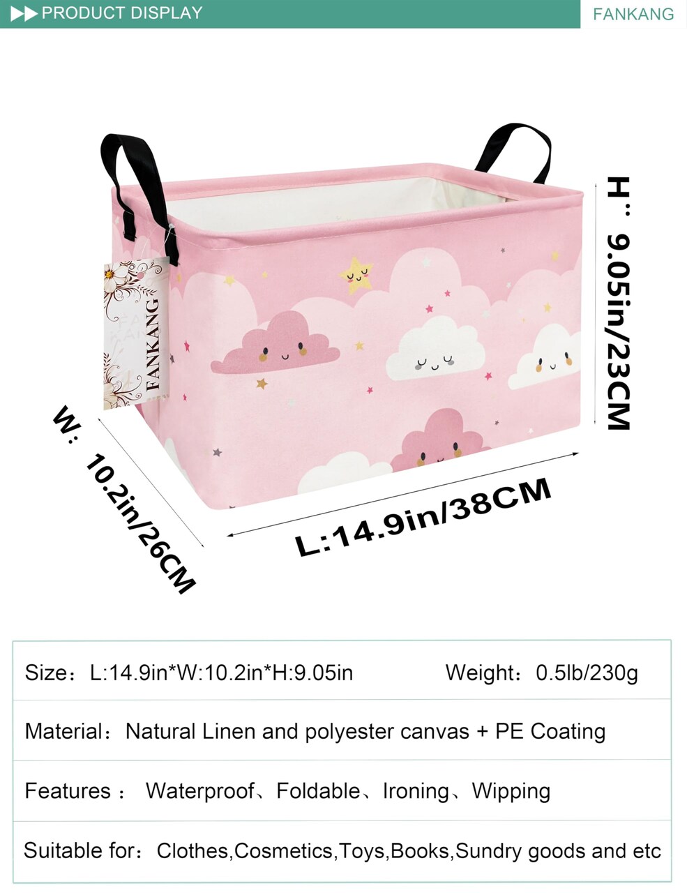 Storage Bins, Nursery Hamper Canvas Laundry Basket Foldable with Waterproof PE Coating Large Storage Baskets for Kids Boys and Girls, Office, Bedroom, Clothes,Toys(Rec-pink cloud )